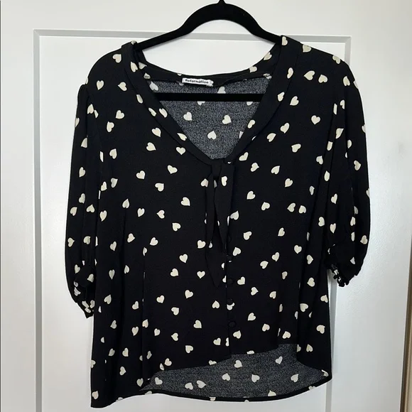 Reformation Joelle Black Heart Print Blouse - Picture 9 of 16